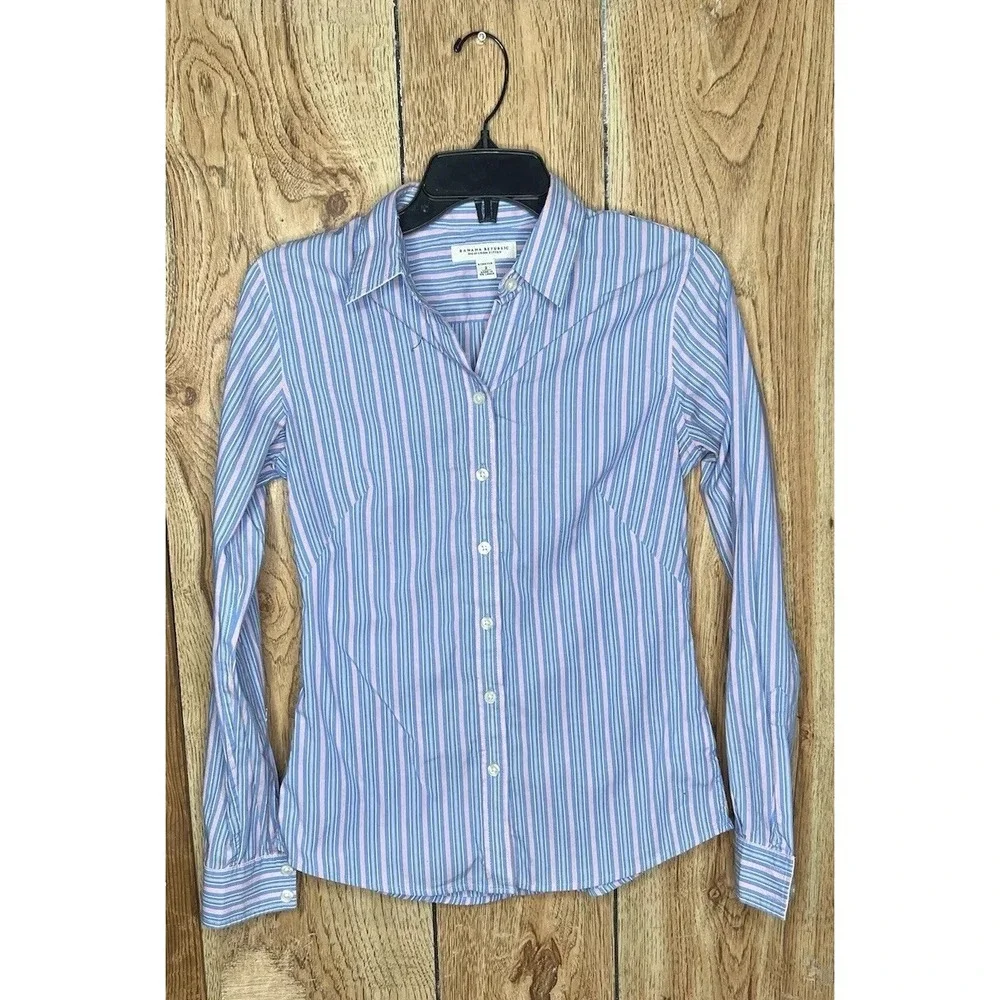 Banana Republic Men Button Down Shirt Stretch NonIron Size2 Stripe Blue Red/Pink